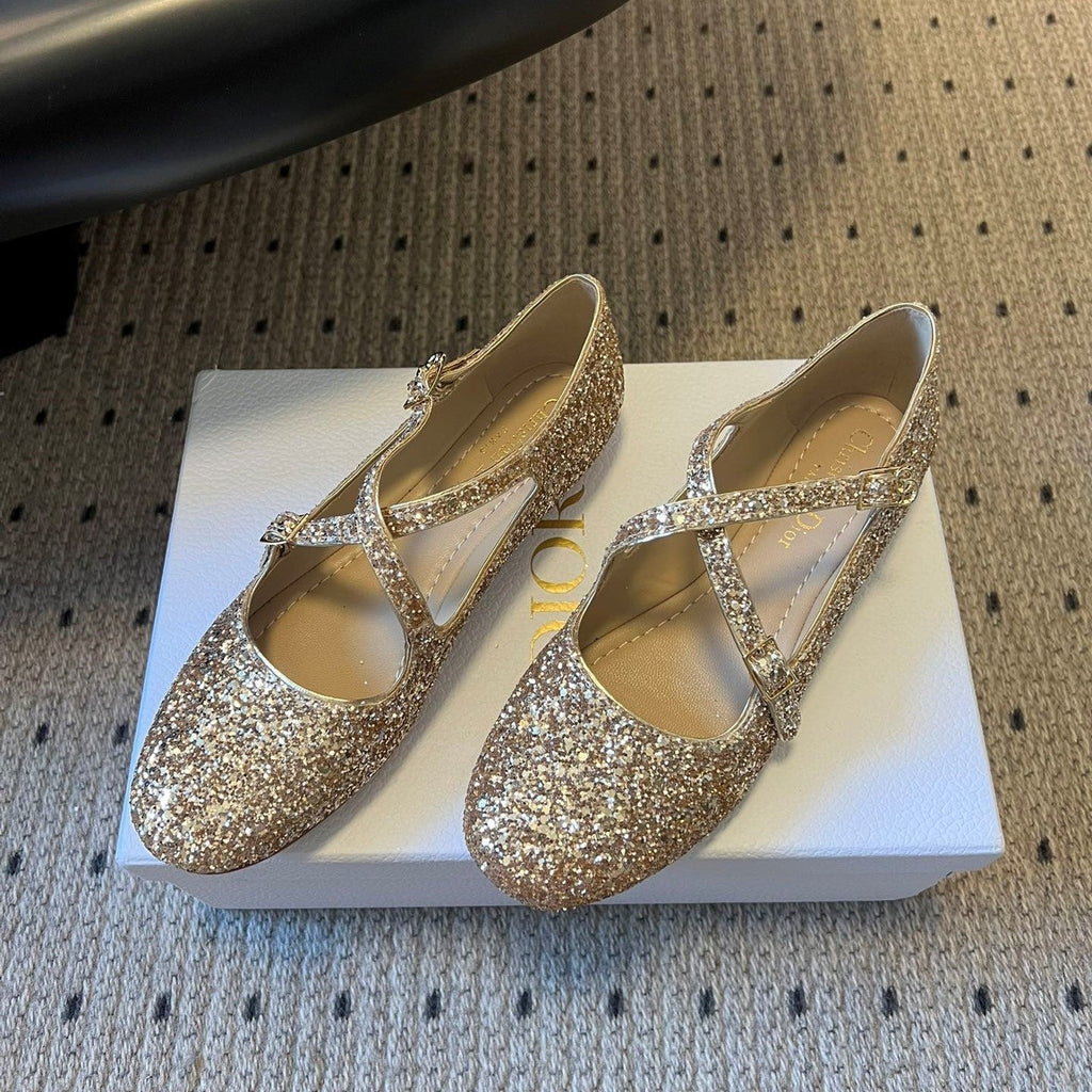 CD Very Ballet Flat Gold Lambskin & Glitter