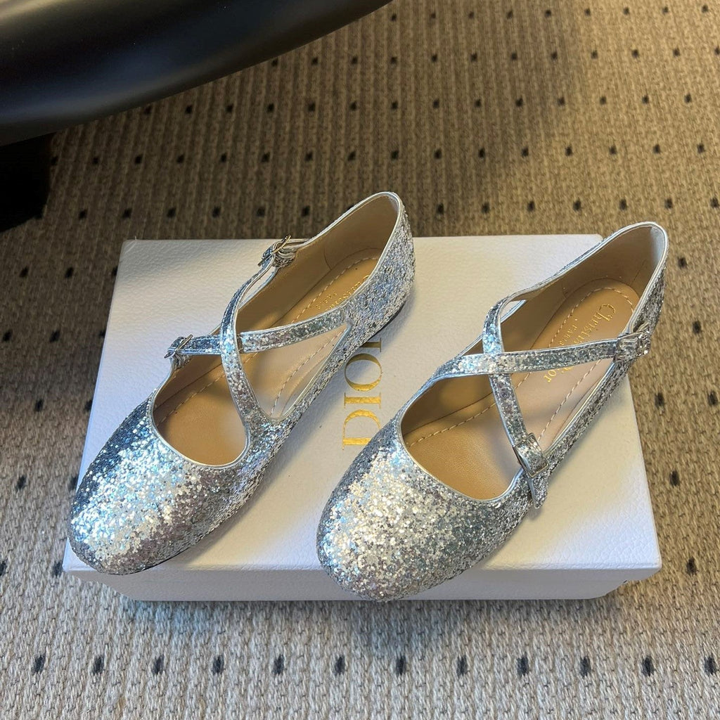 CD Very Ballet Flat Sliver Lambskin & Glitter