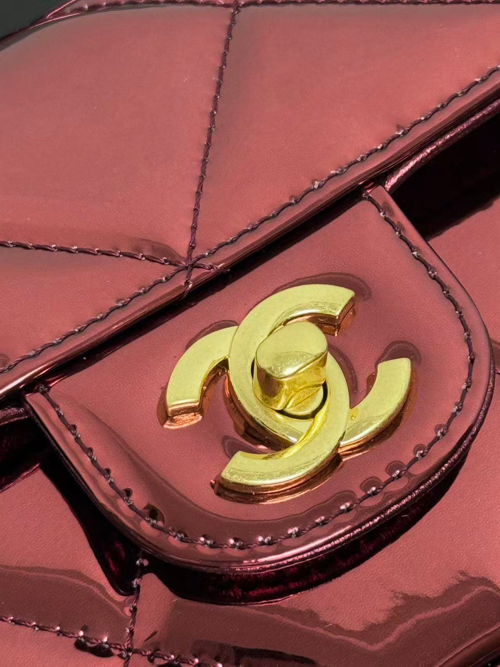 CC Large Flap Bag With Top Handle Burgundy Metallic Calfskin GHW