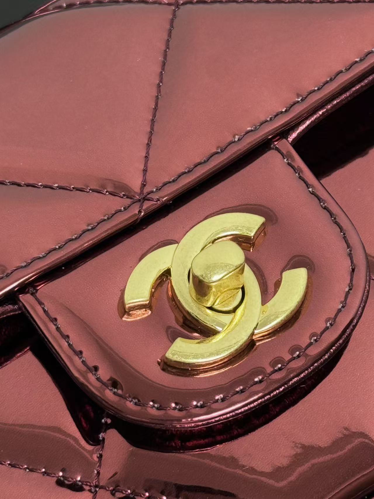 CC Large Flap Bag With Top Handle Burgundy Metallic Calfskin GHW