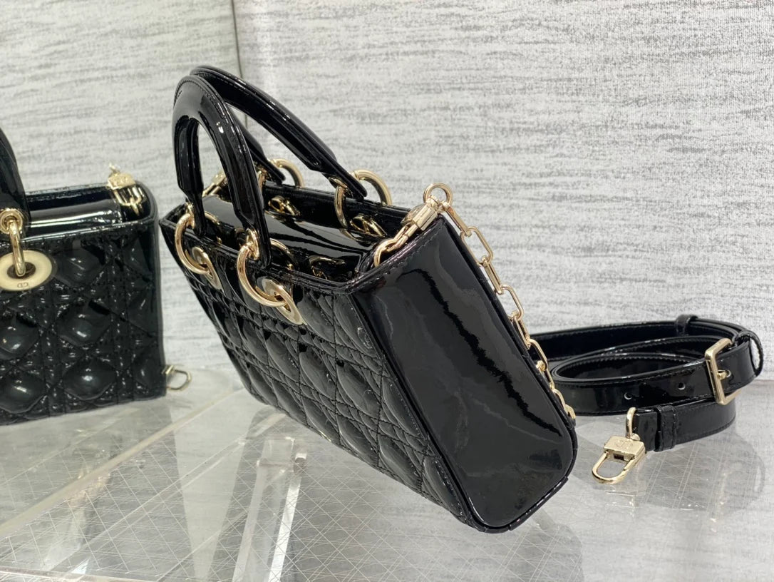 Dior Lady D-Joy Medium Patent Black Leather Bag - 26x6x14cm