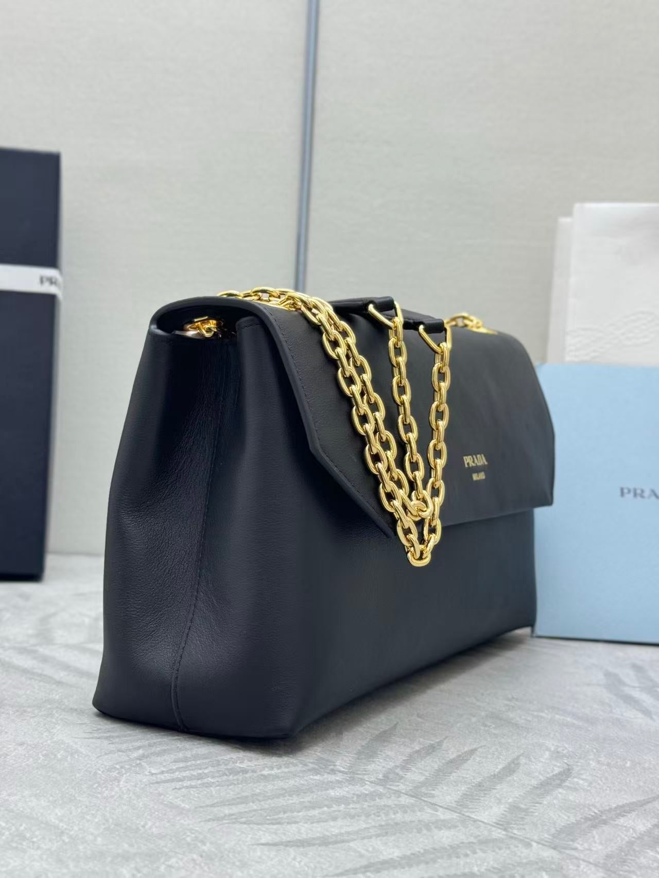 Prada Doux Medium Leather Shoulder Bag Black Calfskin