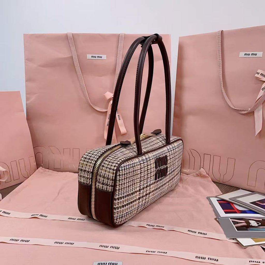 Miu 5BB147 Handbag 28cm Brown Beige Tweed