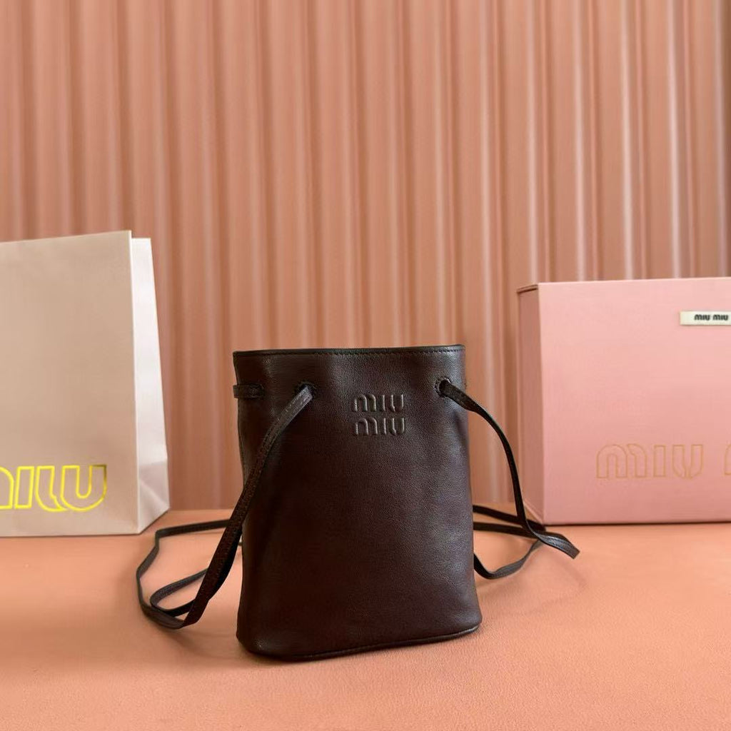 Miu Bucket Bag 14cm Coffee Grain Leather