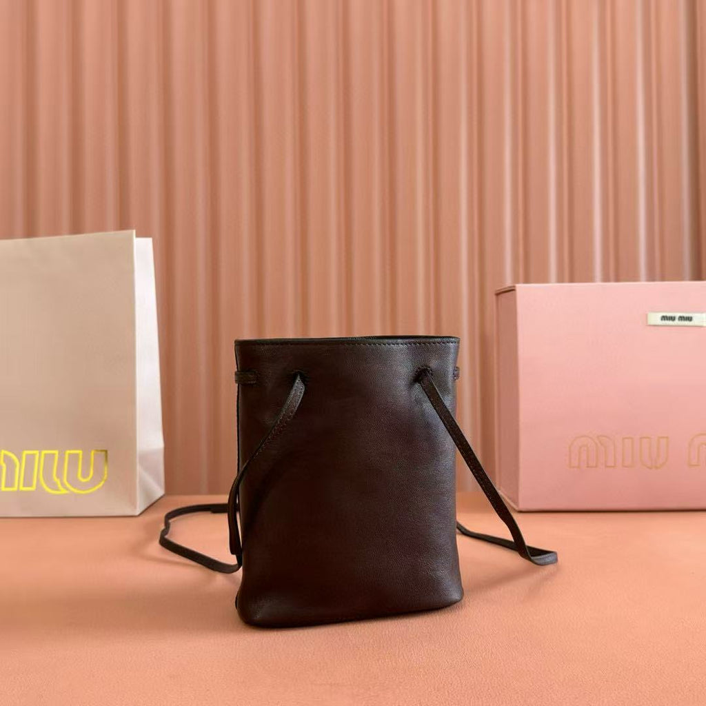 Miu Bucket Bag 14cm Coffee Grain Leather
