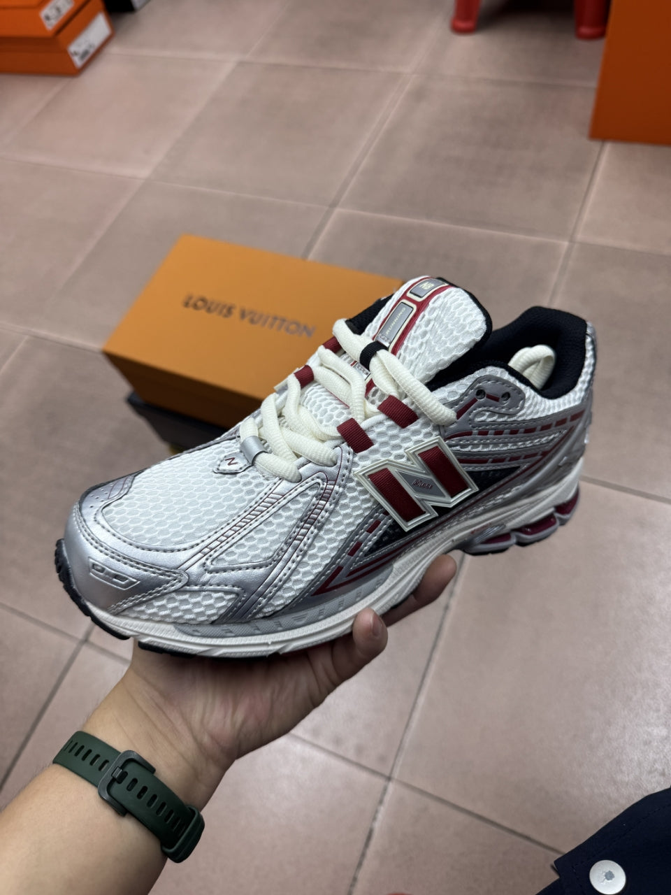 New Balance 1906R Low in the Silver Classic Crimson Mesh Calfskin