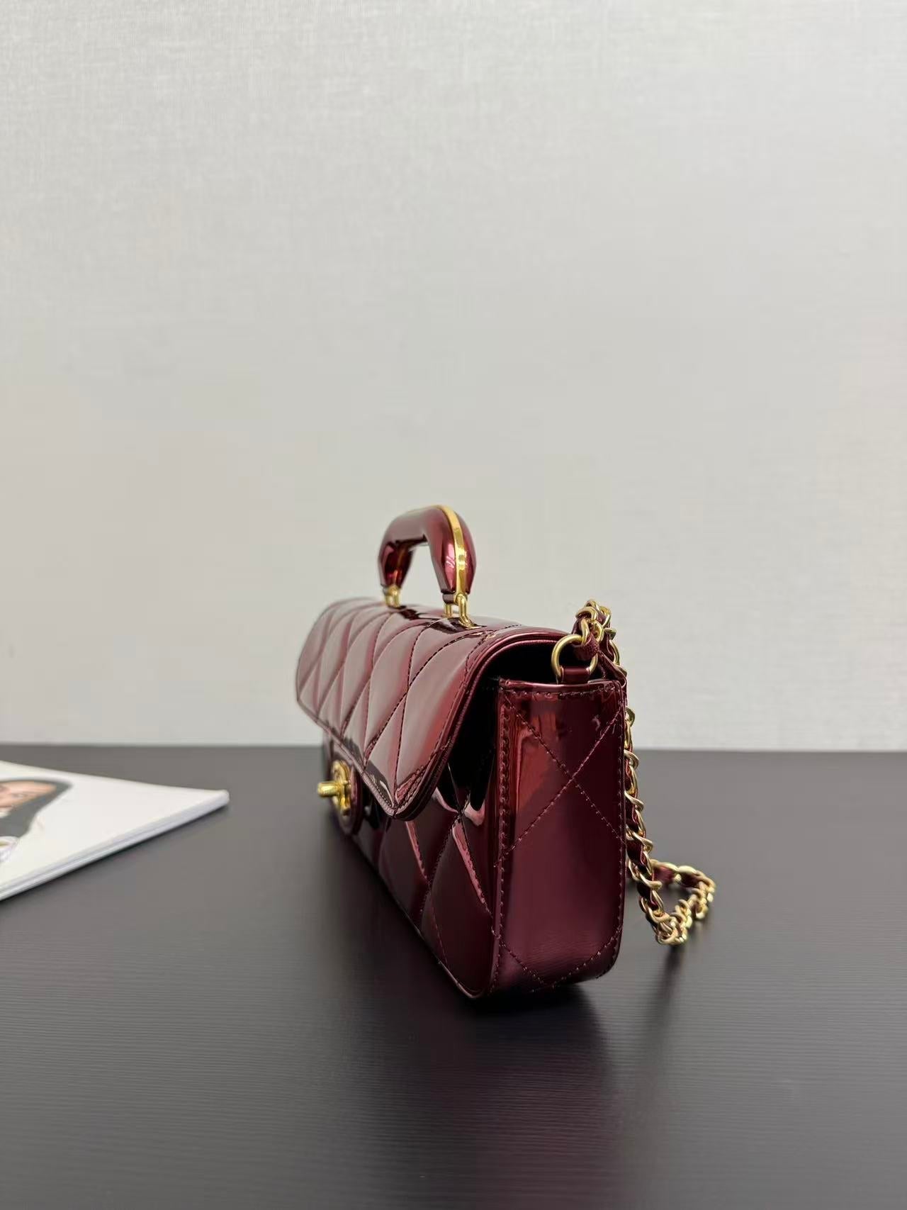 CC Large Flap Bag With Top Handle Burgundy Metallic Calfskin GHW