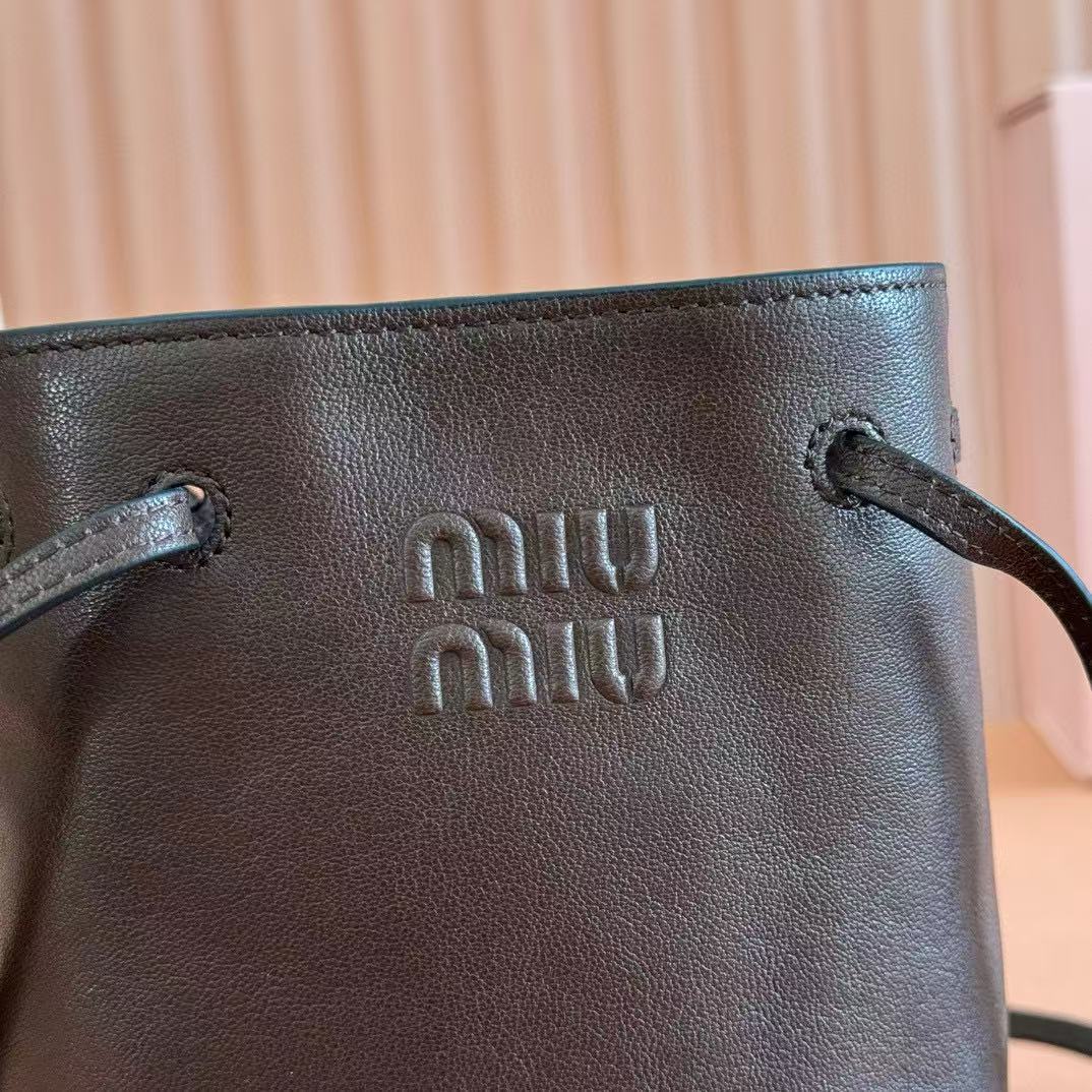 Miu Bucket Bag 14cm Coffee Grain Leather