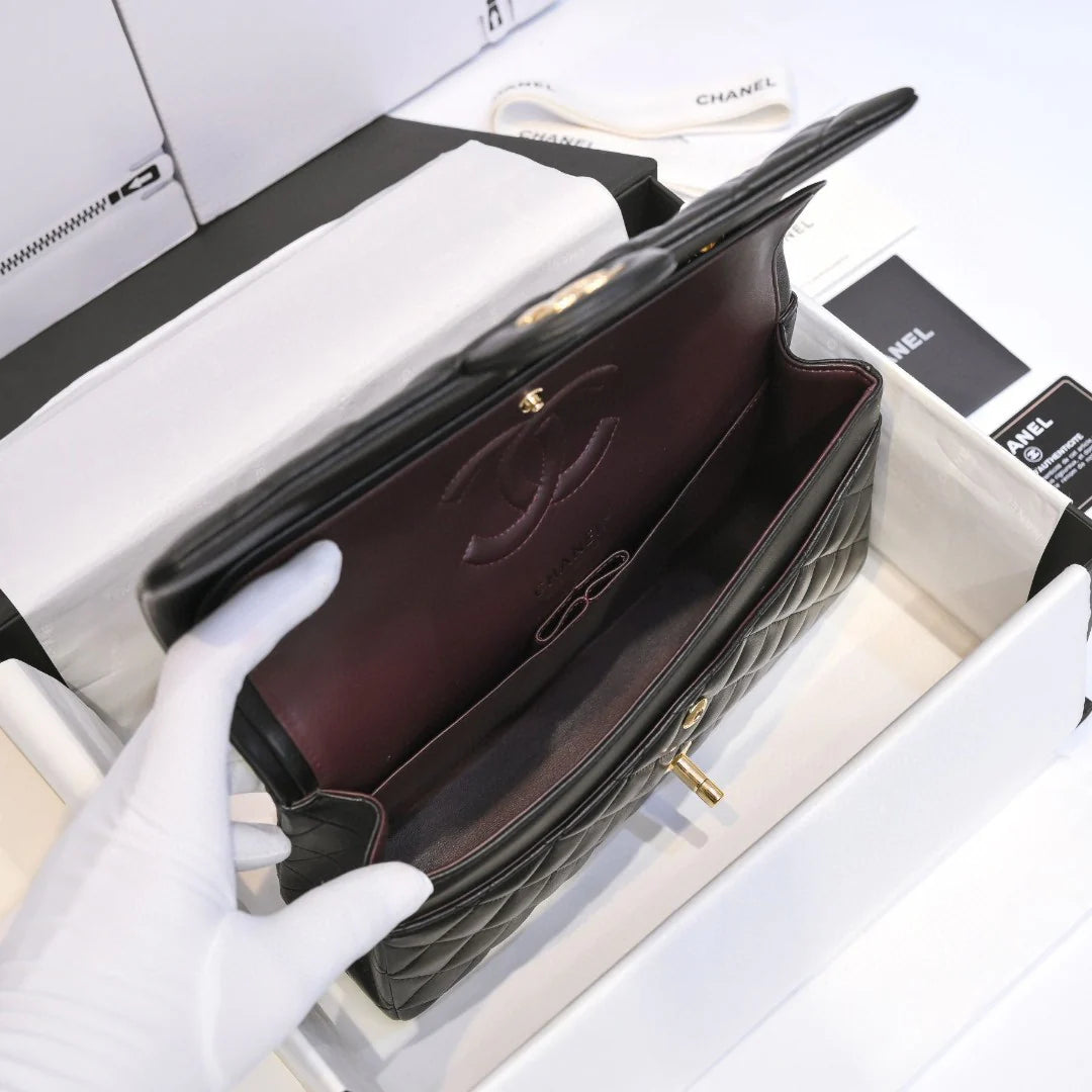 CHANEL Classic Double Flap Black Lambskin Gold Hardware A01112 25cm