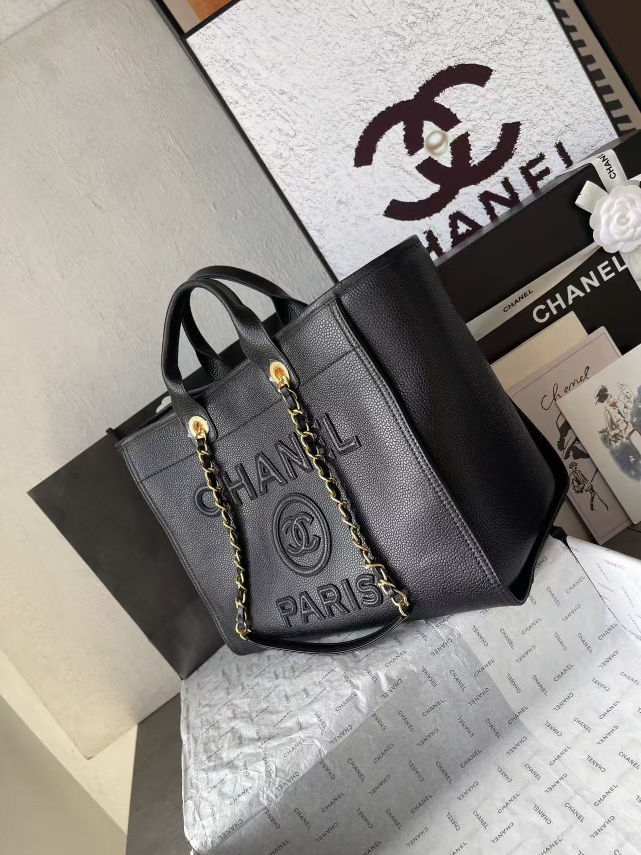 CC 2025 Deauville Tote Bag Black Leather GHW