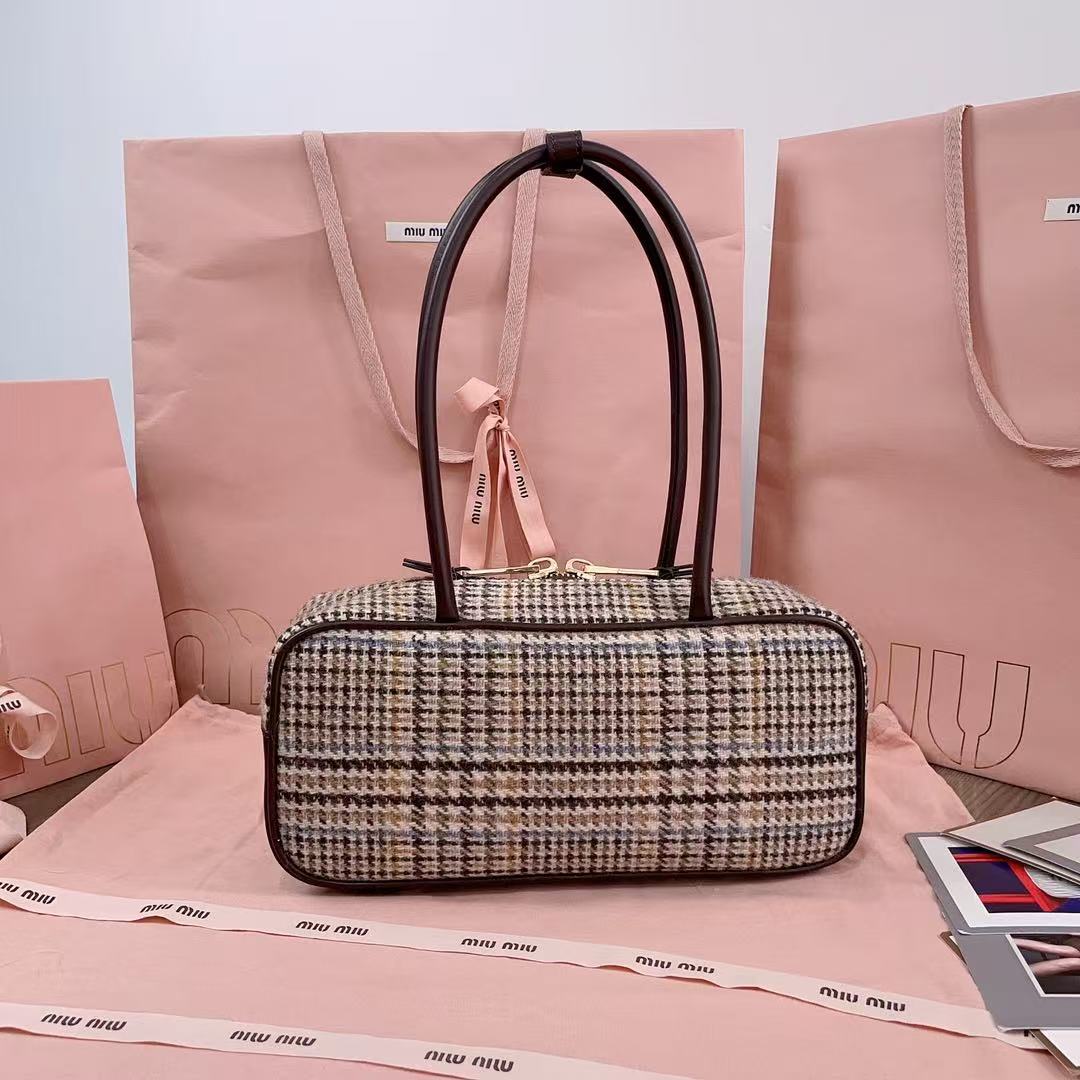 Miu 5BB147 Handbag 28cm Brown Beige Tweed