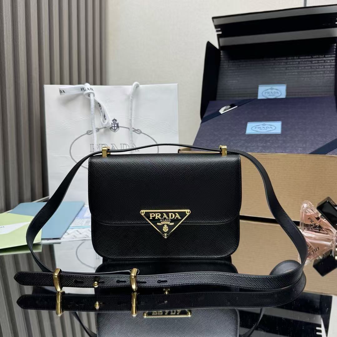 Prada Embleme Shoulder Bag Black Saffiano Leather