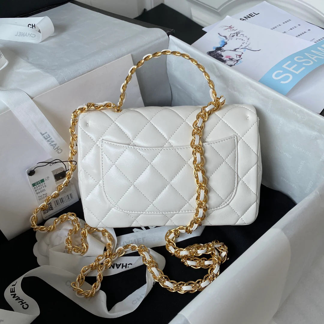 Chanel Flap Bag Gold Top Handle White - 13X21X8cm