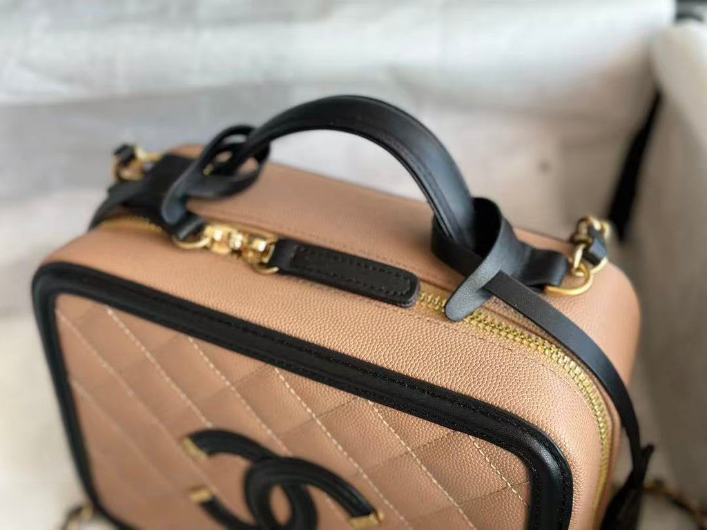 CC Filigree Vanity Case Satchel Beige Small Caviar Leather