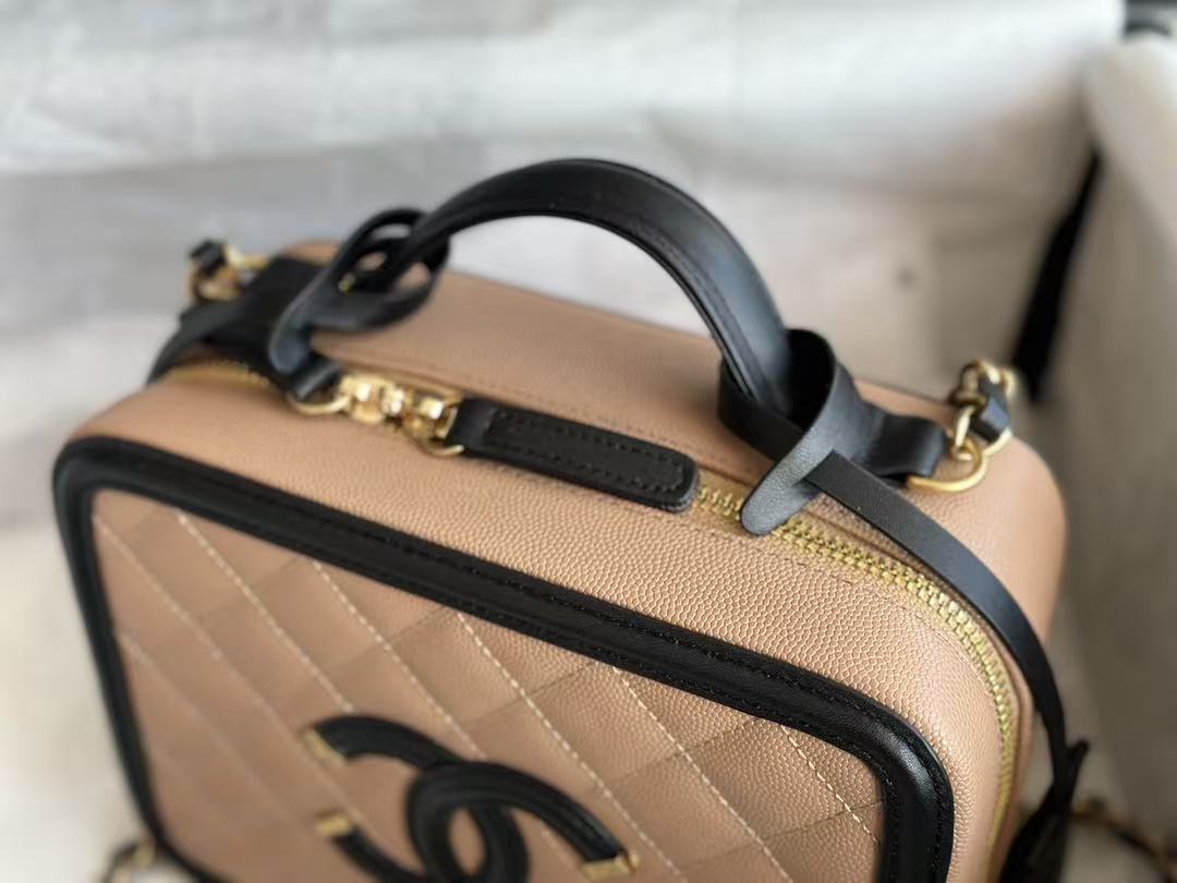 CC Filigree Vanity Case Satchel Beige Small Caviar Leather