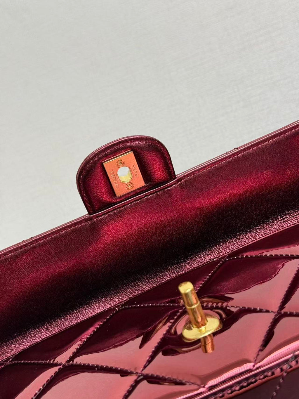 CC Large Flap Bag With Top Handle Burgundy Metallic Calfskin GHW