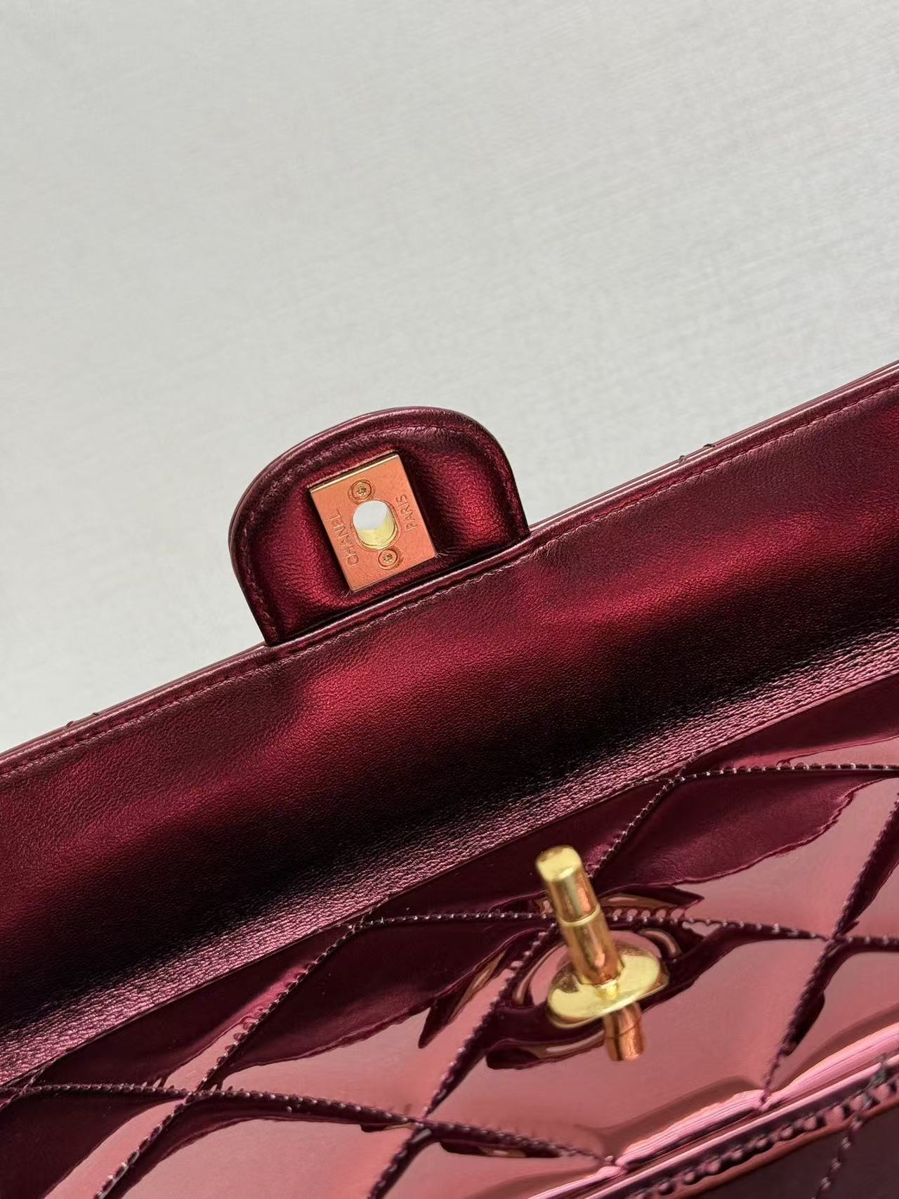 CC Large Flap Bag With Top Handle Burgundy Metallic Calfskin GHW