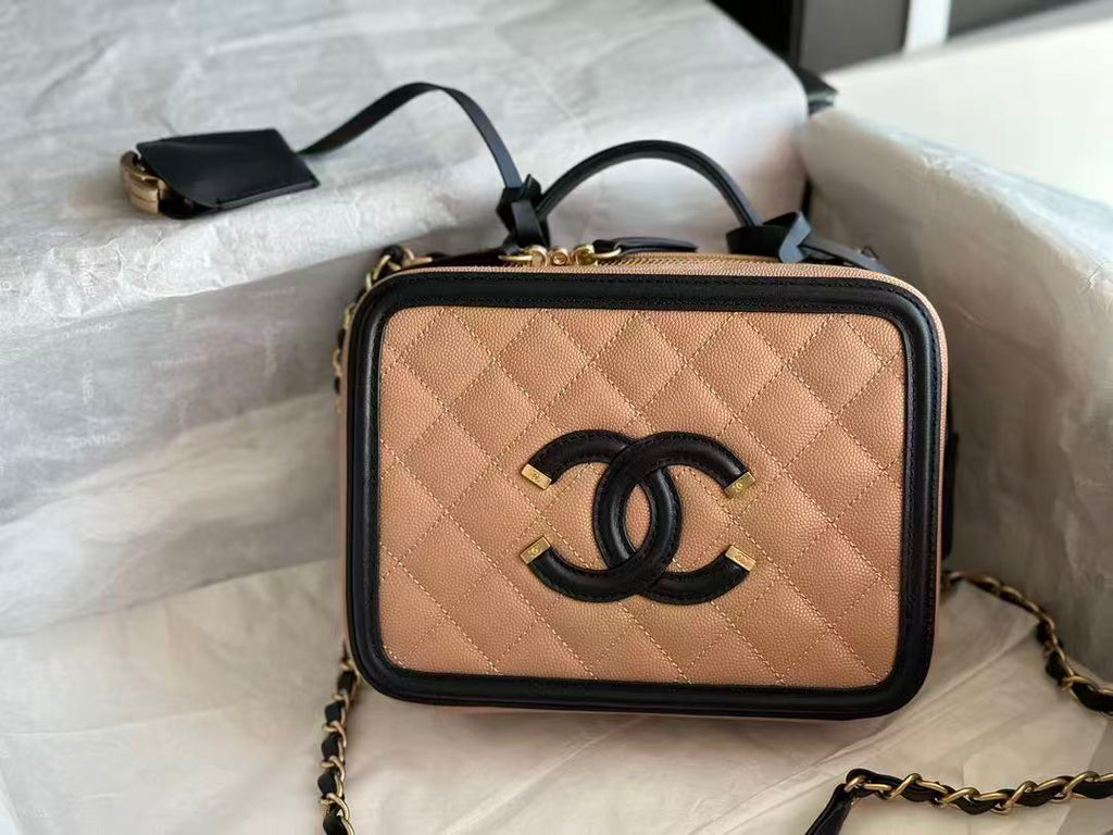 CC Filigree Vanity Case Satchel Beige Small Caviar Leather