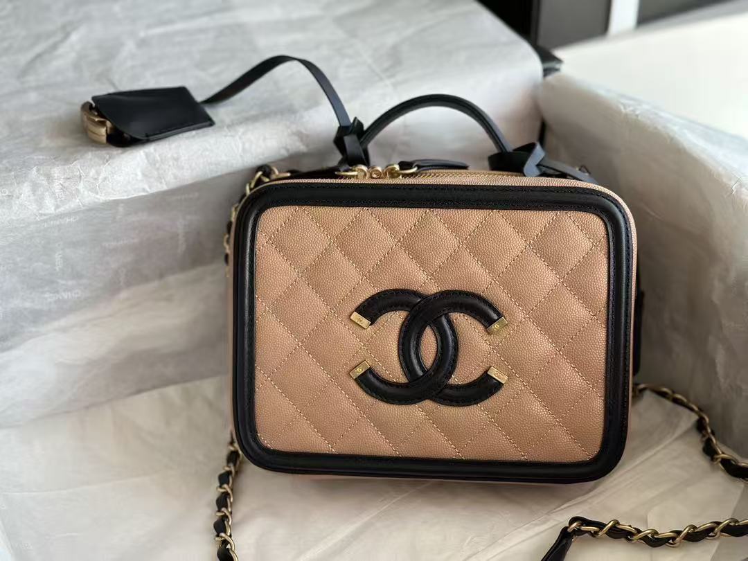 CC Filigree Vanity Case Satchel Beige Small Caviar Leather