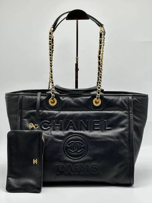 Chanel Deauville em Couro Preta Italiana Bag