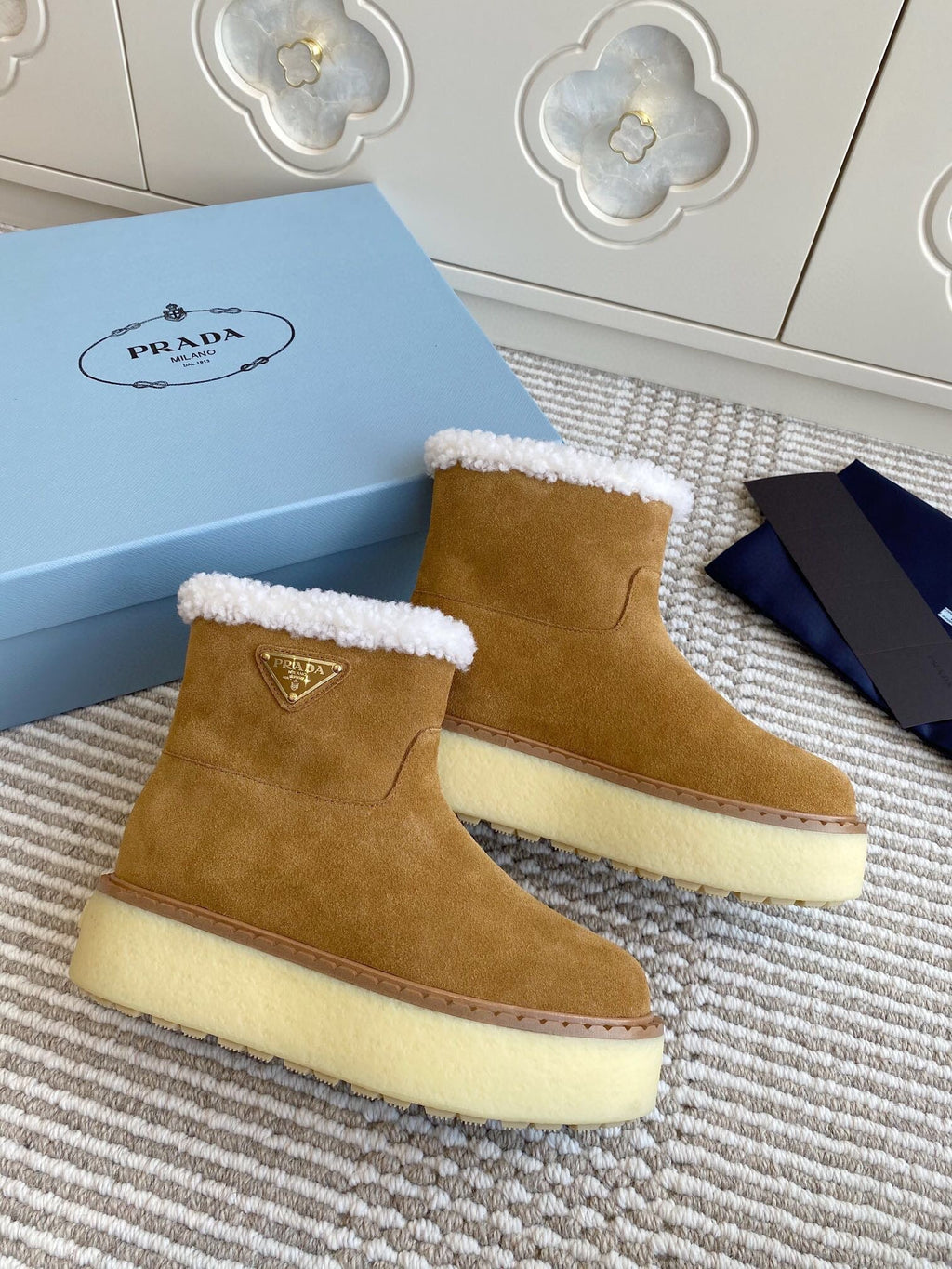 Prada Ankle Boots Brown Shearling Suede