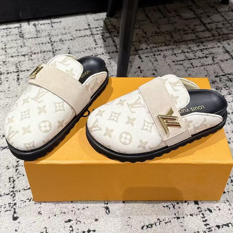 LV 25 Cosy Comfort Flat Clog Mule White Beige Black Leather Fabric