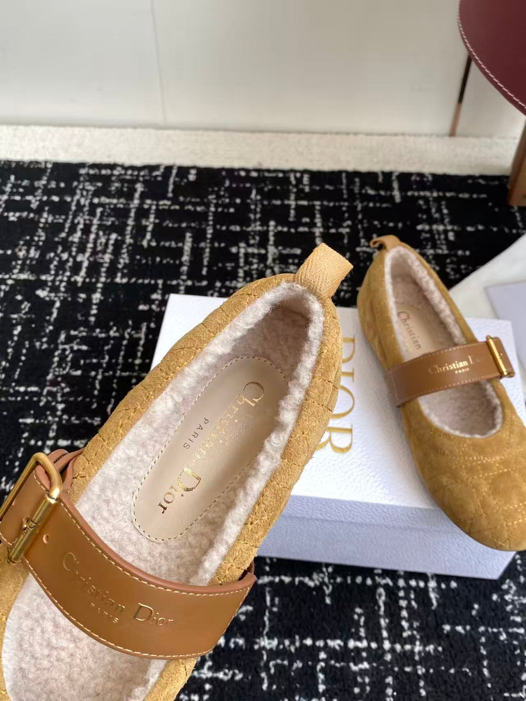 CD Frost Ballet Flats Camel Cannage Suede White Shearling