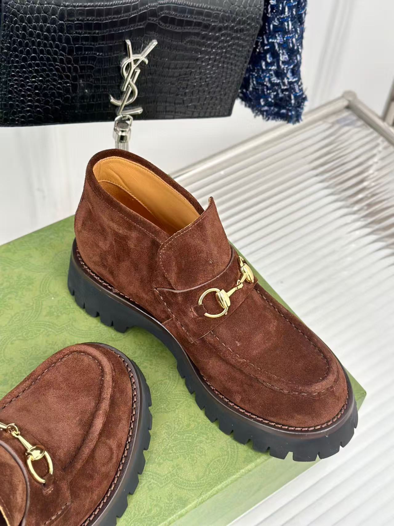 GG Horsebit Ankle Boots Brown Suede