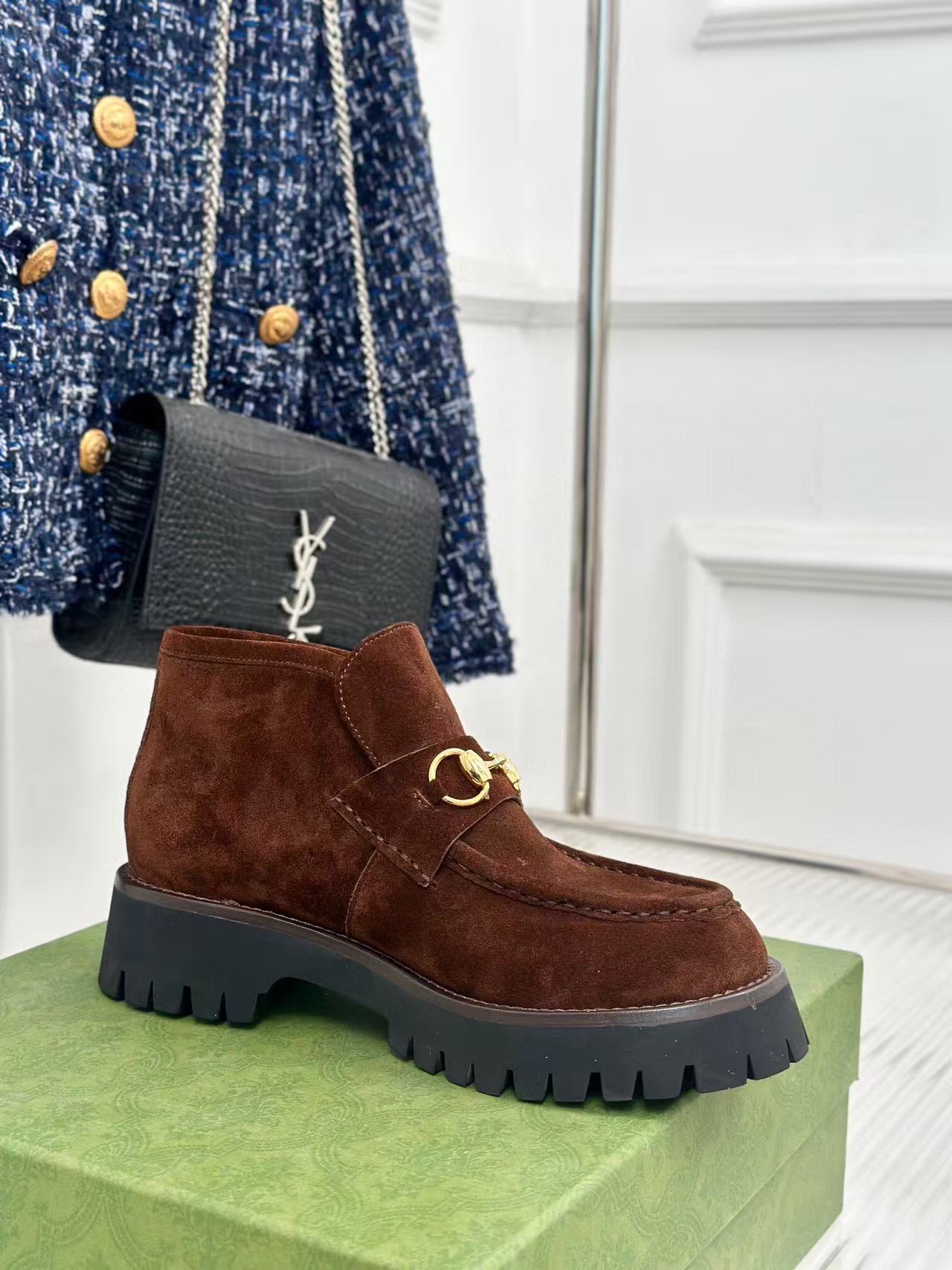 GG Horsebit Ankle Boots Brown Suede