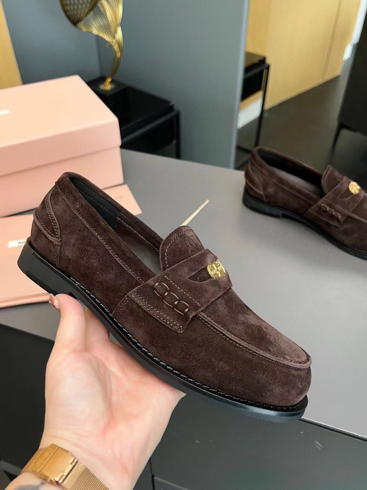 MiuMiu Gold Penny Loafer Red-Brown Suede