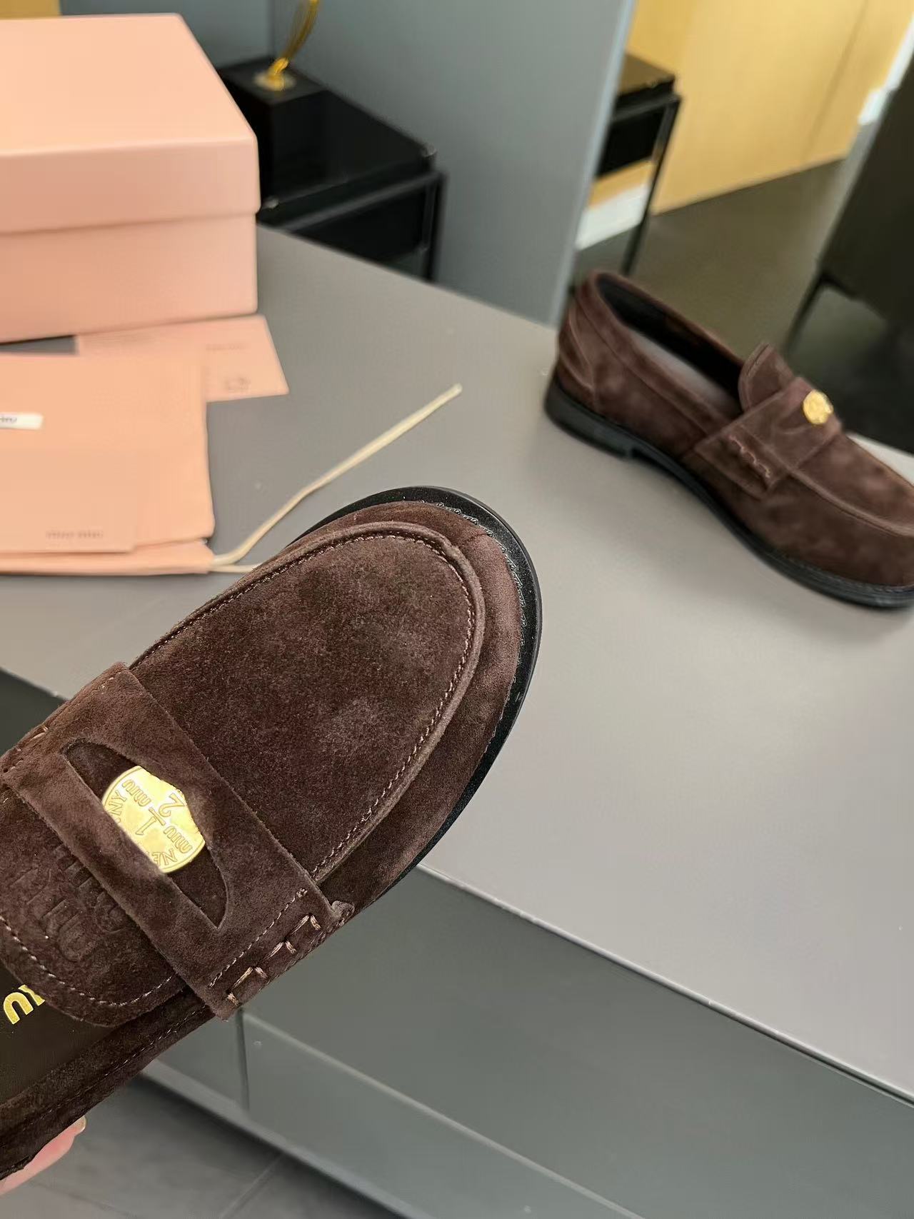 MiuMiu Gold Penny Loafer Red-Brown Suede