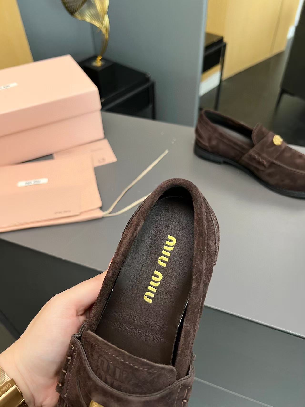 MiuMiu Gold Penny Loafer Red-Brown Suede