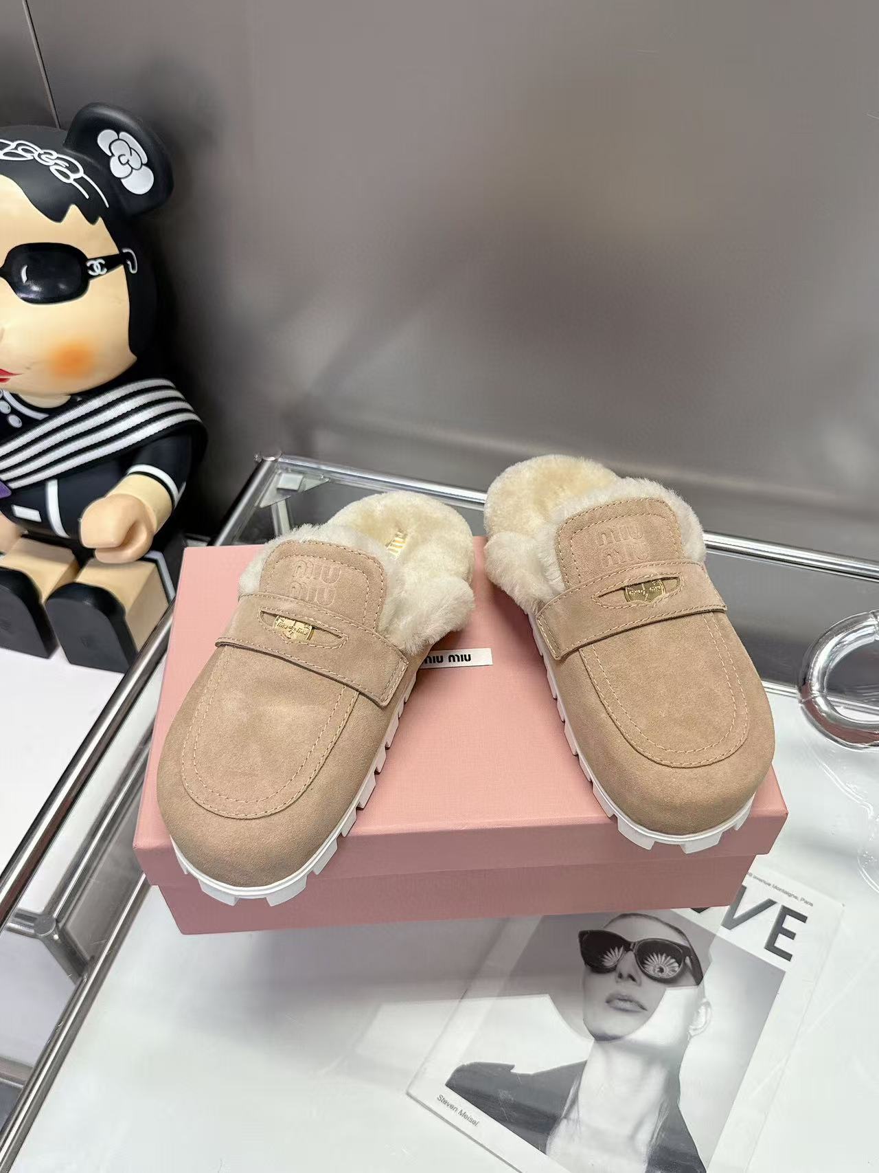 Miumiu Gold Penny Mules Beige Shearling Suede