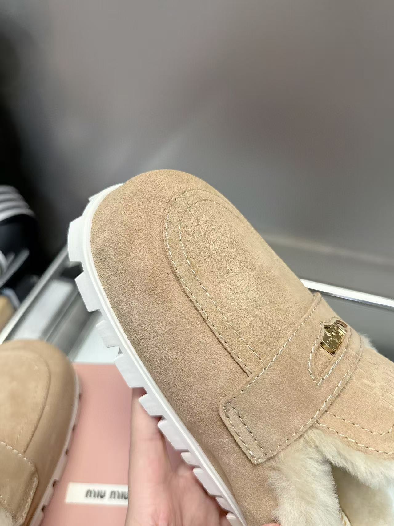 Miumiu Gold Penny Mules Beige Shearling Suede