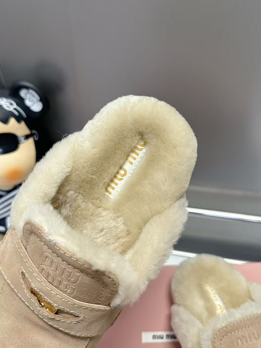 Miumiu Gold Penny Mules Beige Shearling Suede