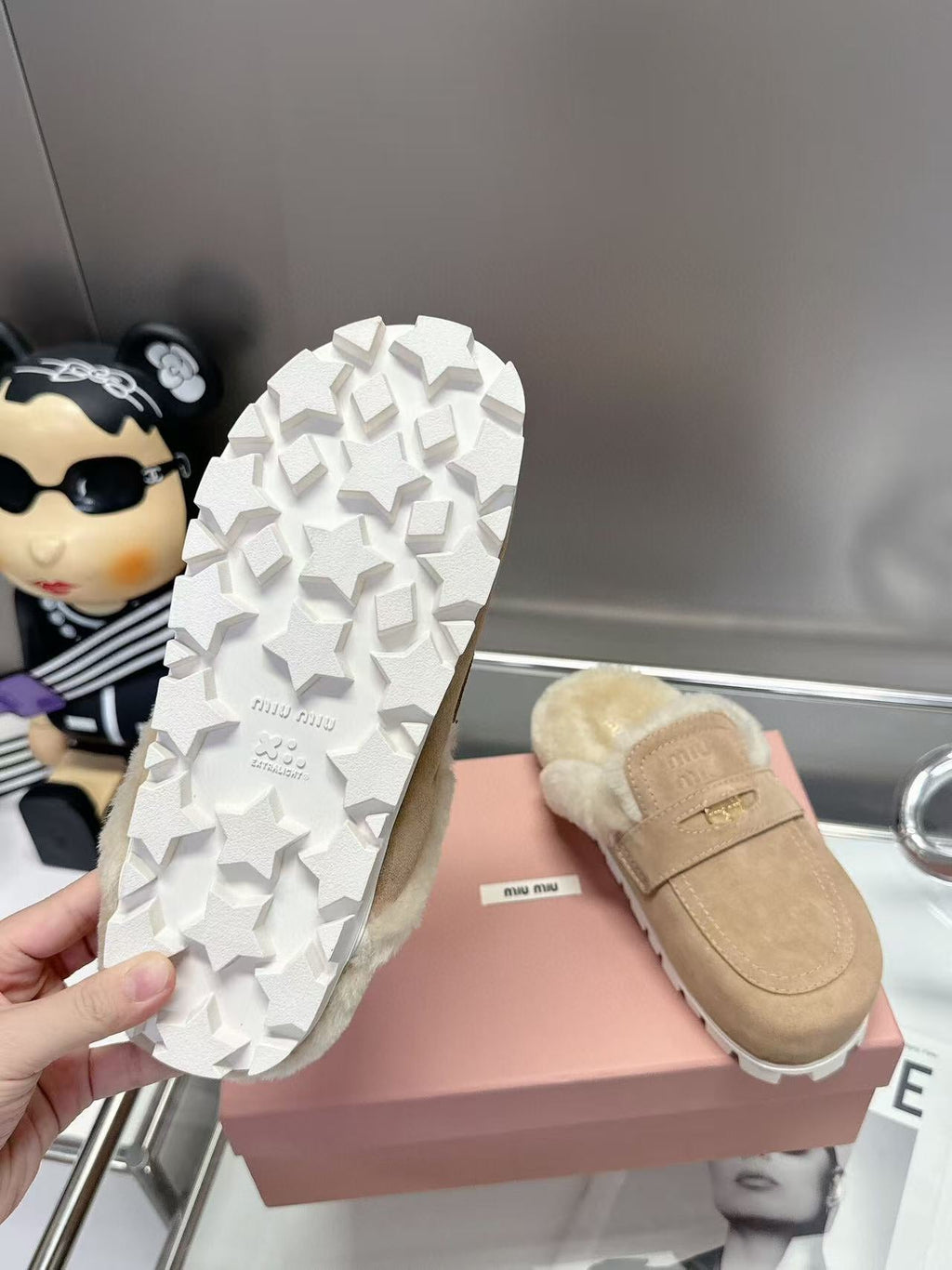 Miumiu Gold Penny Mules Beige Shearling Suede