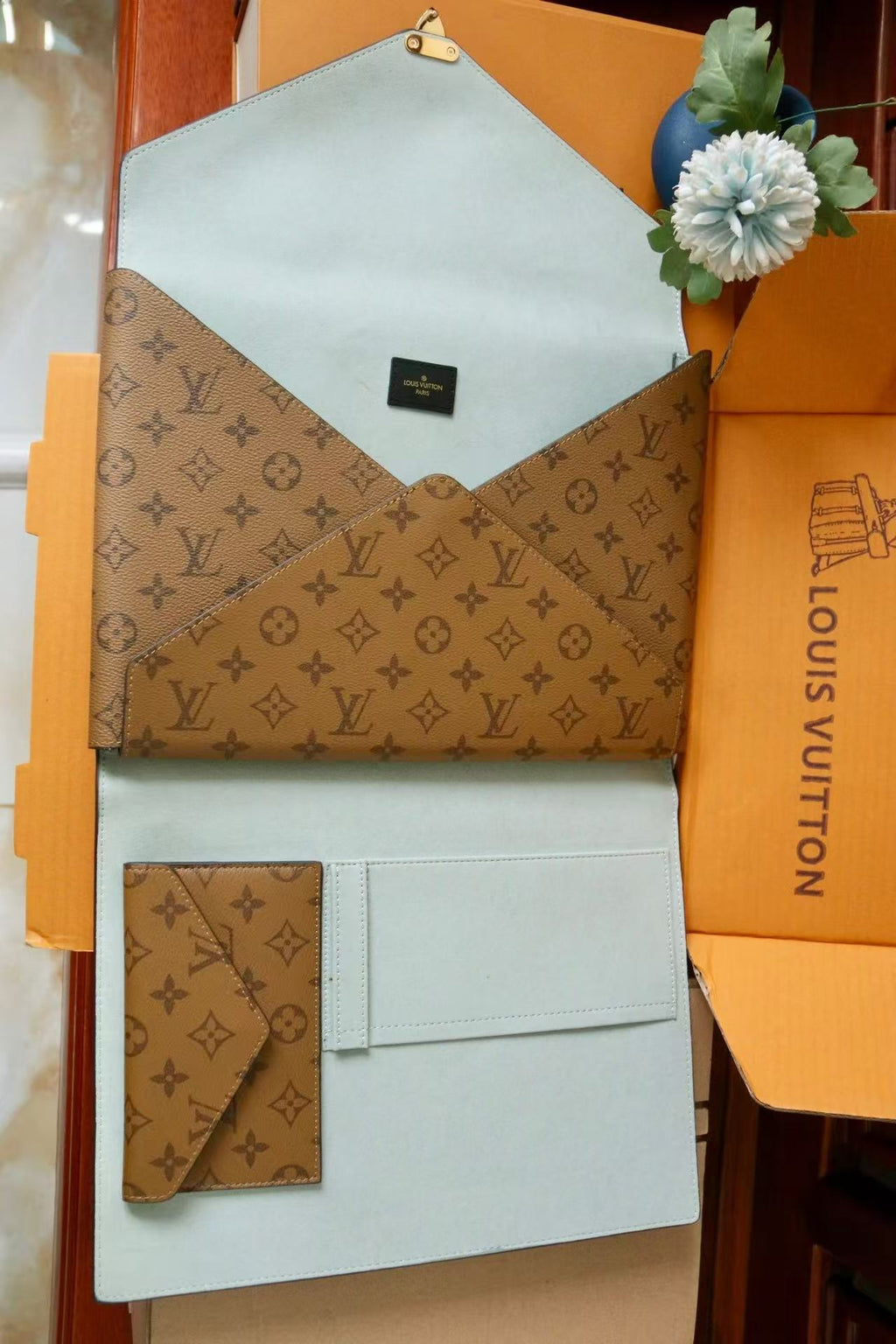 LV Mark Folder Monogram Reverse Brown Playful Duck Design Coated Canvas Calfskin
