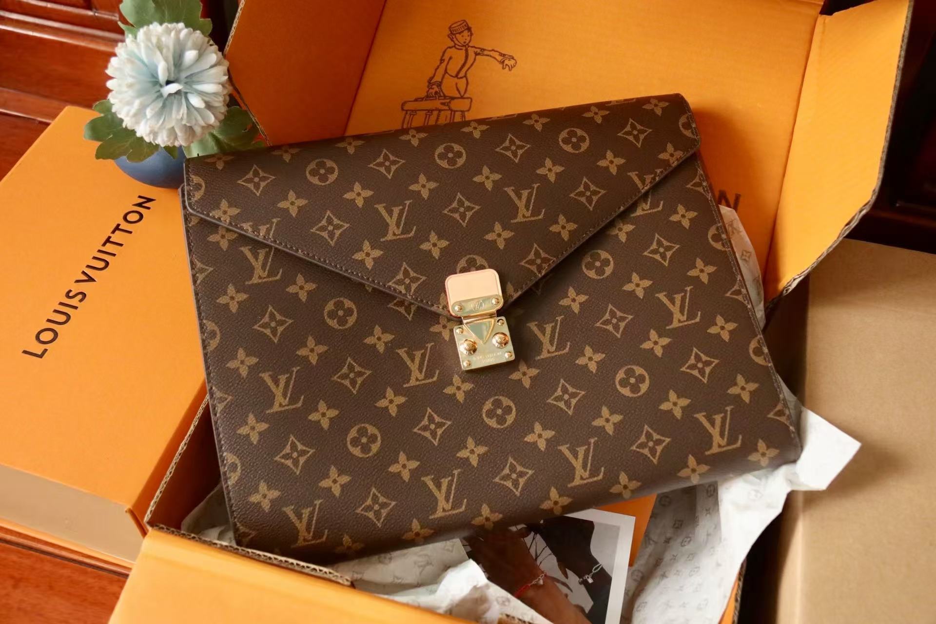 LV Mark Folder Monogram Dark Brown Coated Canvas Calfskin