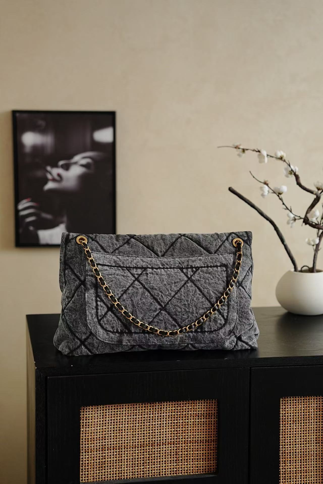 CC 2025 Classic Flap Bag Black Denim Fabric Gold Hardware