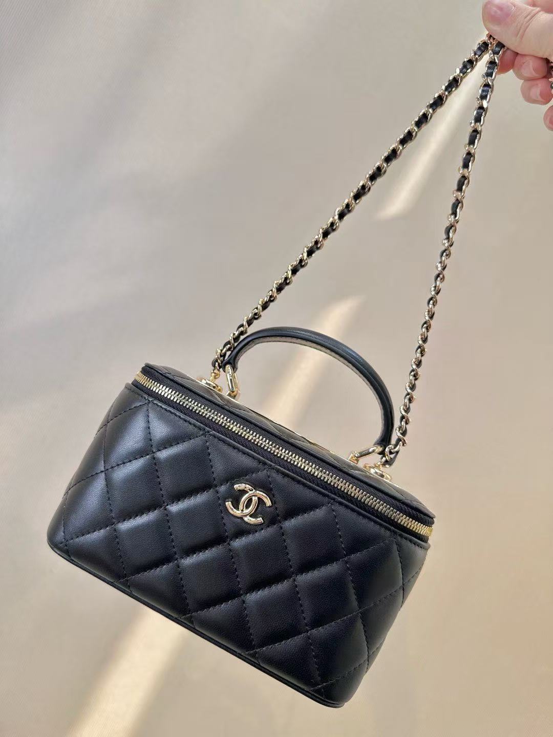 CC Mirror Vanity Case Top Handle Chain Strap Black Lambskin GHW