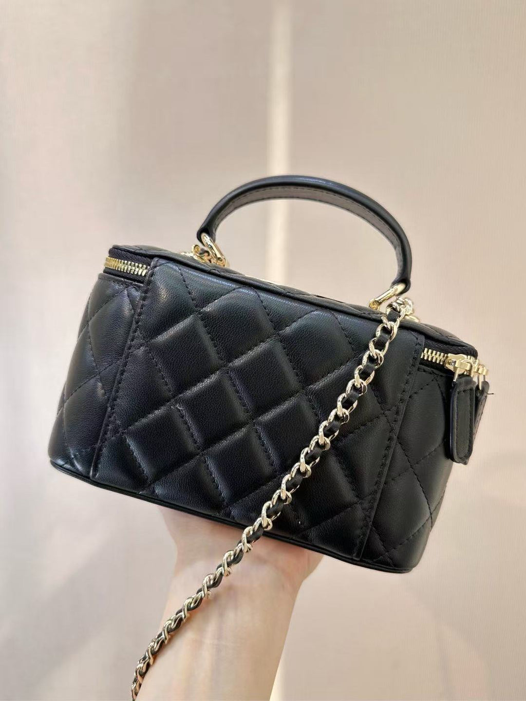 CC Mirror Vanity Case Top Handle Chain Strap Black Lambskin GHW