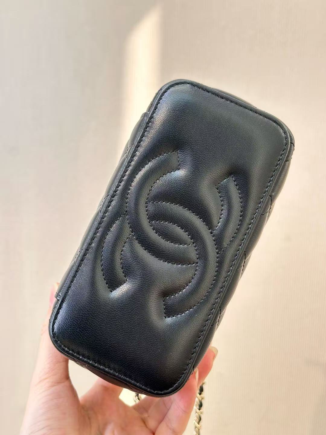 CC Mirror Vanity Case Top Handle Chain Strap Black Lambskin GHW