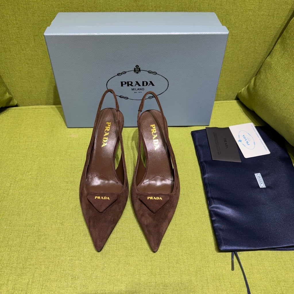 Prada Slingback Triangle-Logo Pumps 75mm Coffee Suede