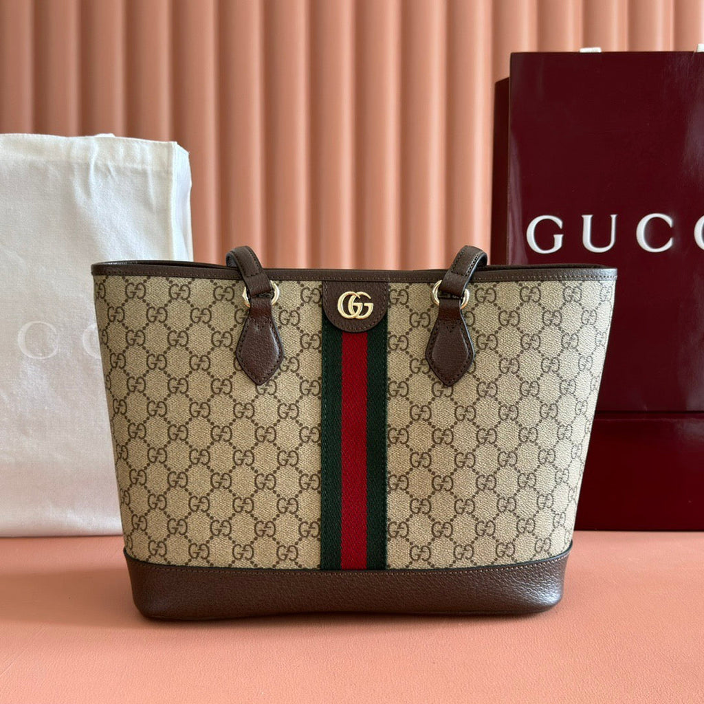GG 2025 Ophidia 31cm Tote Bag Ebony Brown Canvas Leather