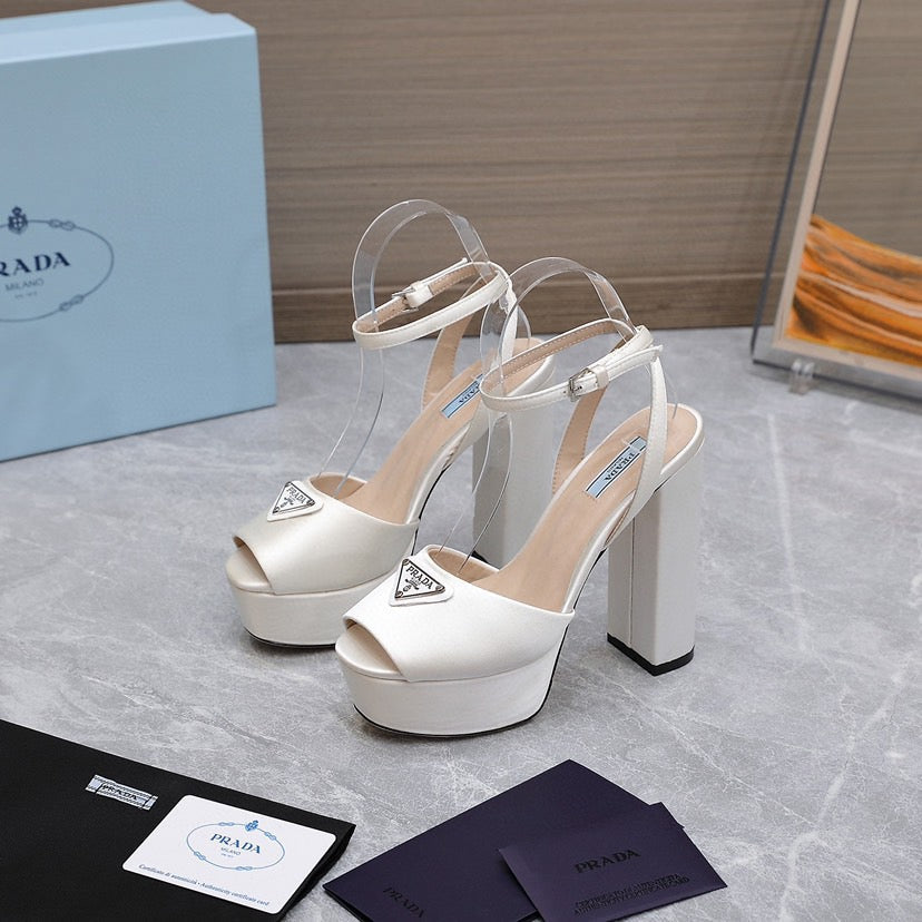Prada Platforms 130mm High Heel White Silk Sandals