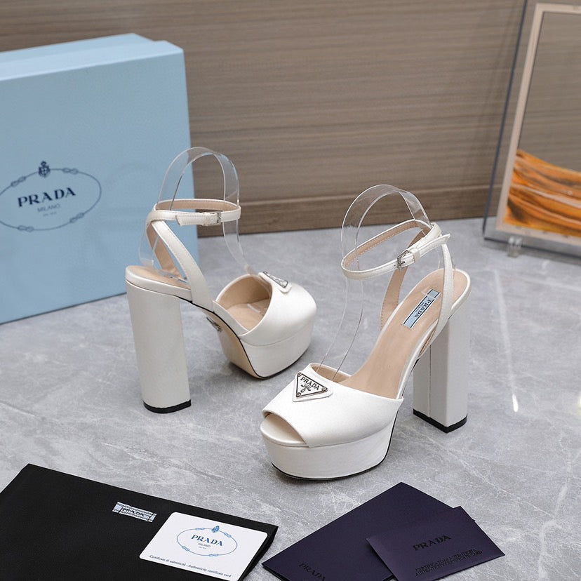 Prada Platforms 130mm High Heel White Silk Sandals