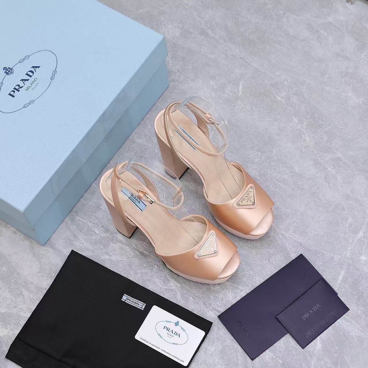 Prada Platforms 130mm High Heel Nude Silk Sandals