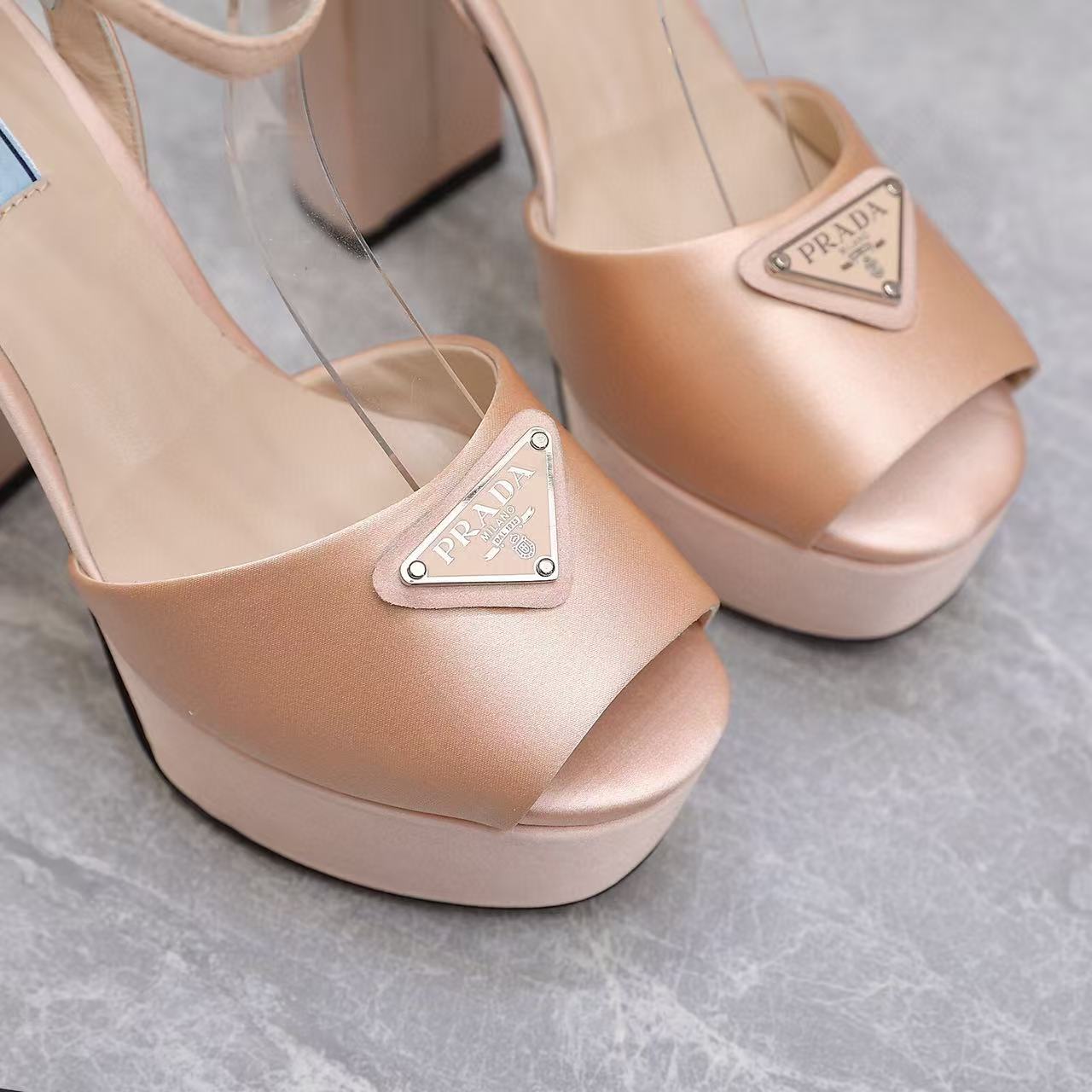 Prada Platforms 130mm High Heel Nude Silk Sandals