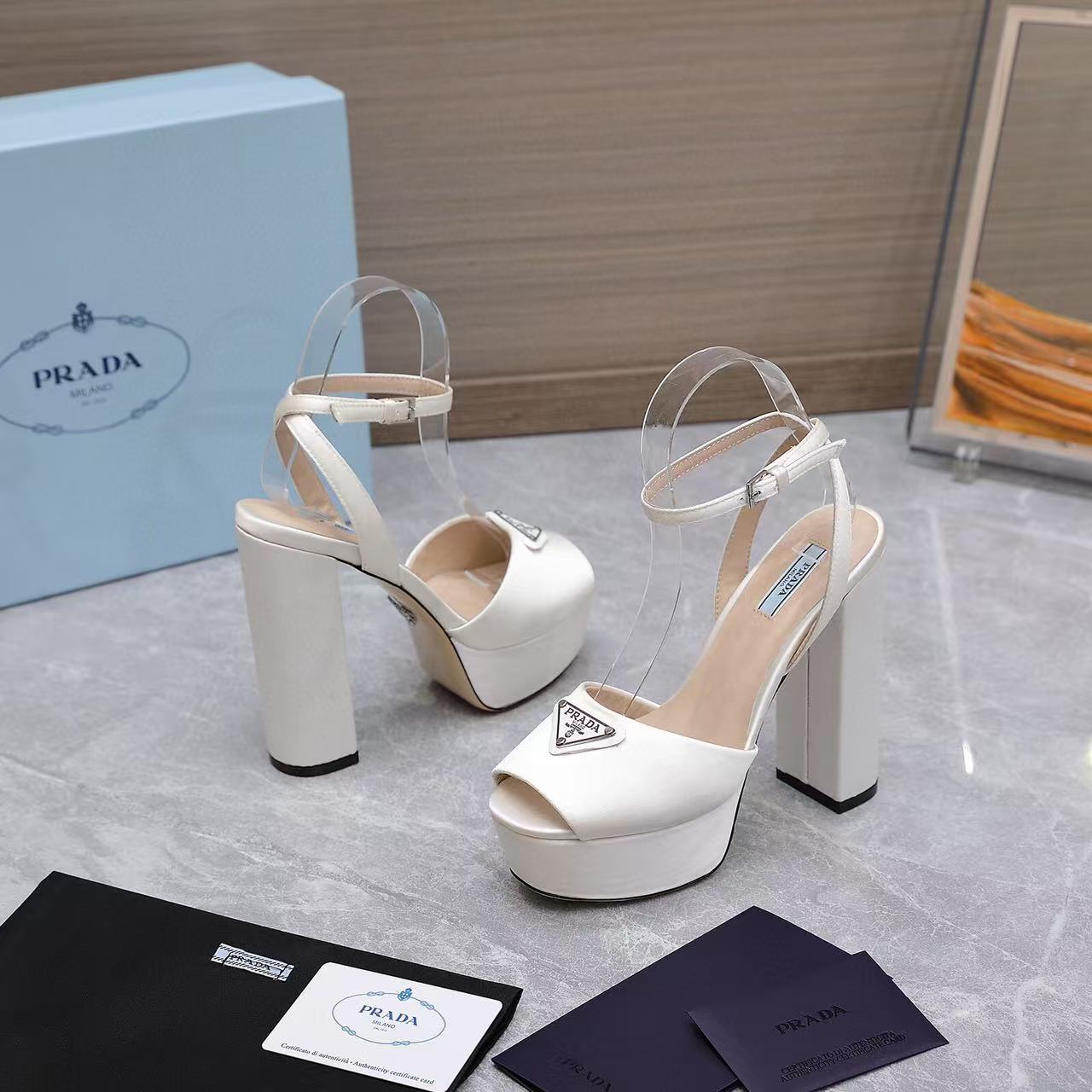 Prada Platforms 130mm High Heel White Silk Sandals