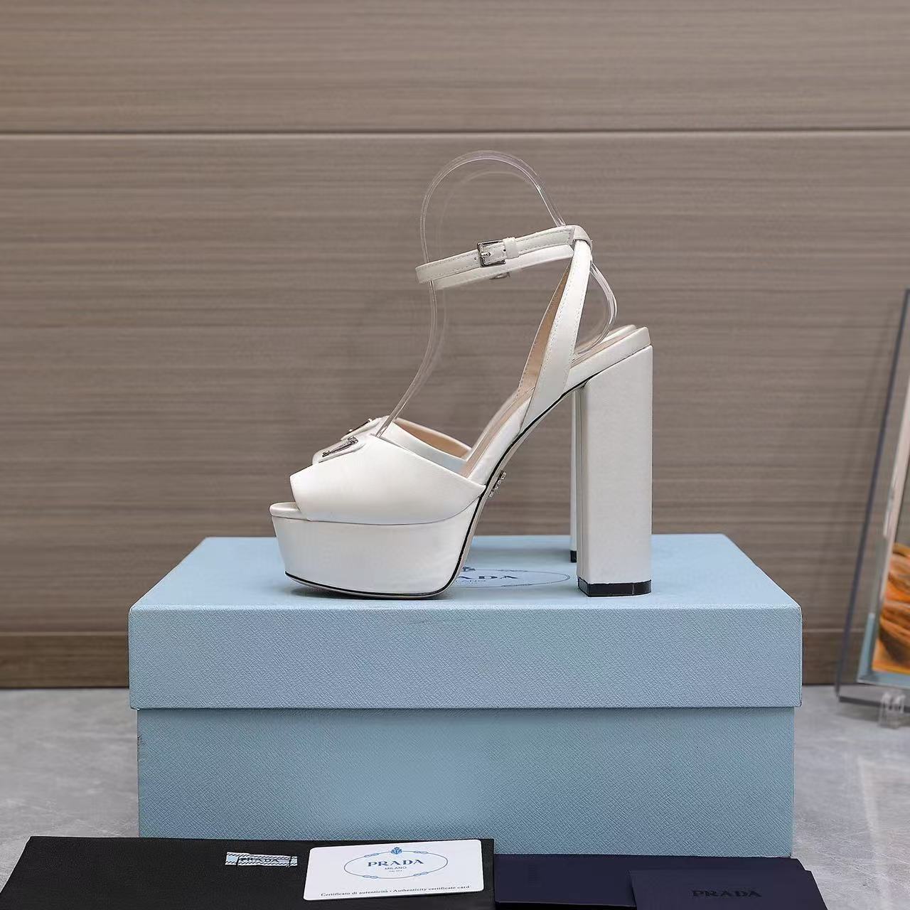 Prada Platforms 130mm High Heel White Silk Sandals